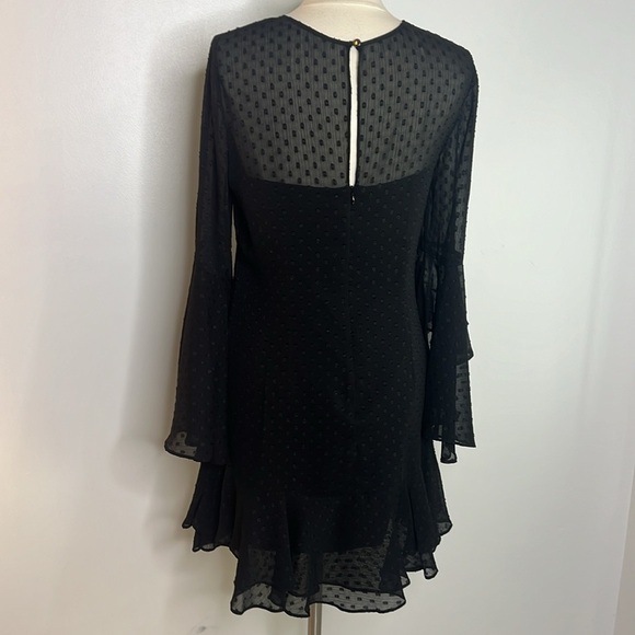Vince Camuto black sheer Swiss dot ruffle long sleeve cocktail dress size 10 - Picture 8 of 12